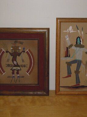 2 Vtg Navajo Native American Sand Painting Art Picture Yei Mid Century R Johnson